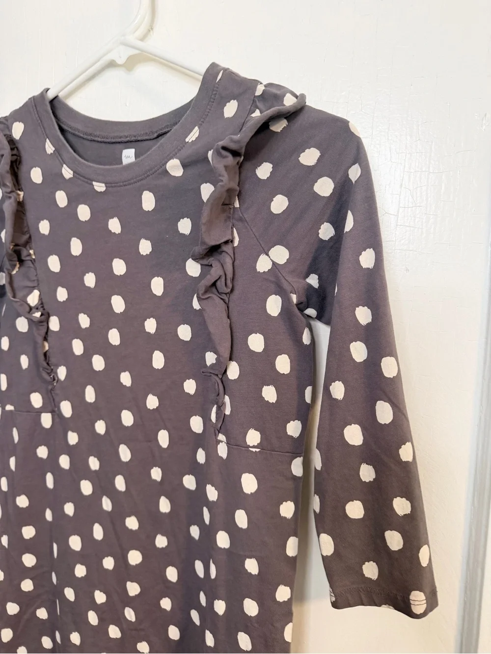 Tea Collection Gray Dress with White Polka Dots and Ruffle Detail